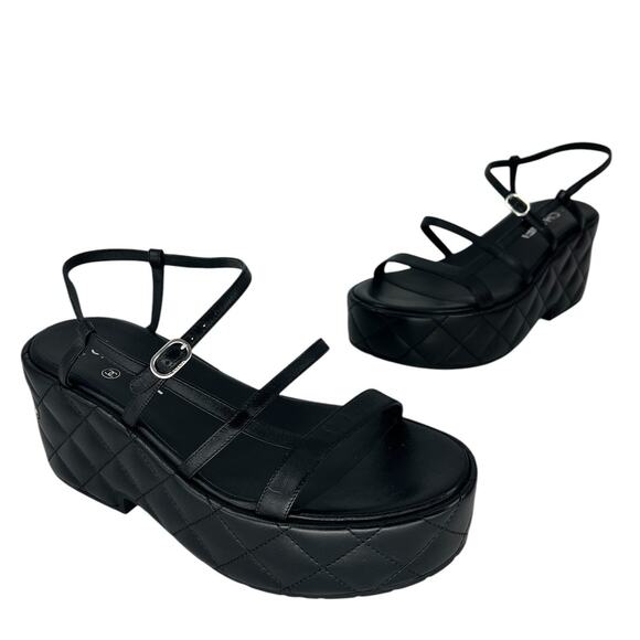 Chanel 2023 Calfskin Quilted Slingback Wedge Logo Sandals - Picture 6 of 16